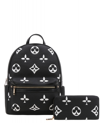 2in1 Pattern Print Design Zipper Backpack Set 3C-8578W BLACK